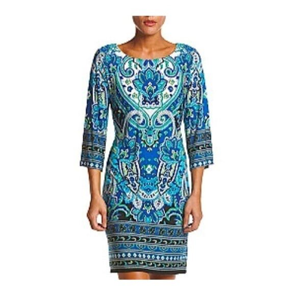 Size 12 Blue Green Paisley Print Shift Dress Classy Day/Evening Office Career - Picture 1 of 4
